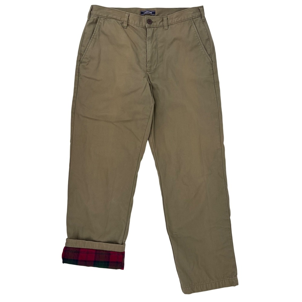 Lands End Chinos Flannel Lined Blanket Olive Khaki Plaid Traditional Fit 32x29.5